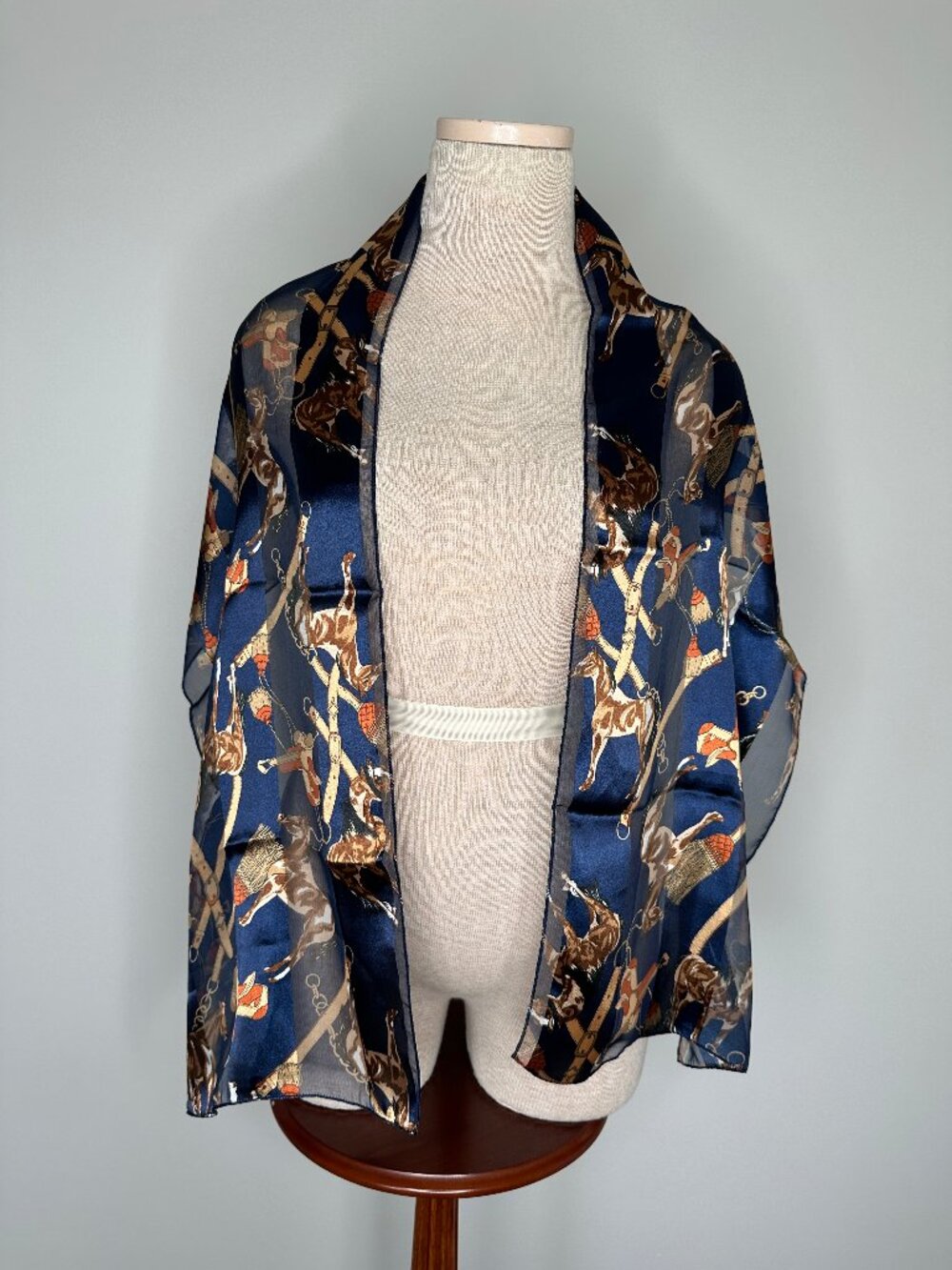 Women's Equestrian Themed Blue and Brown Scarf